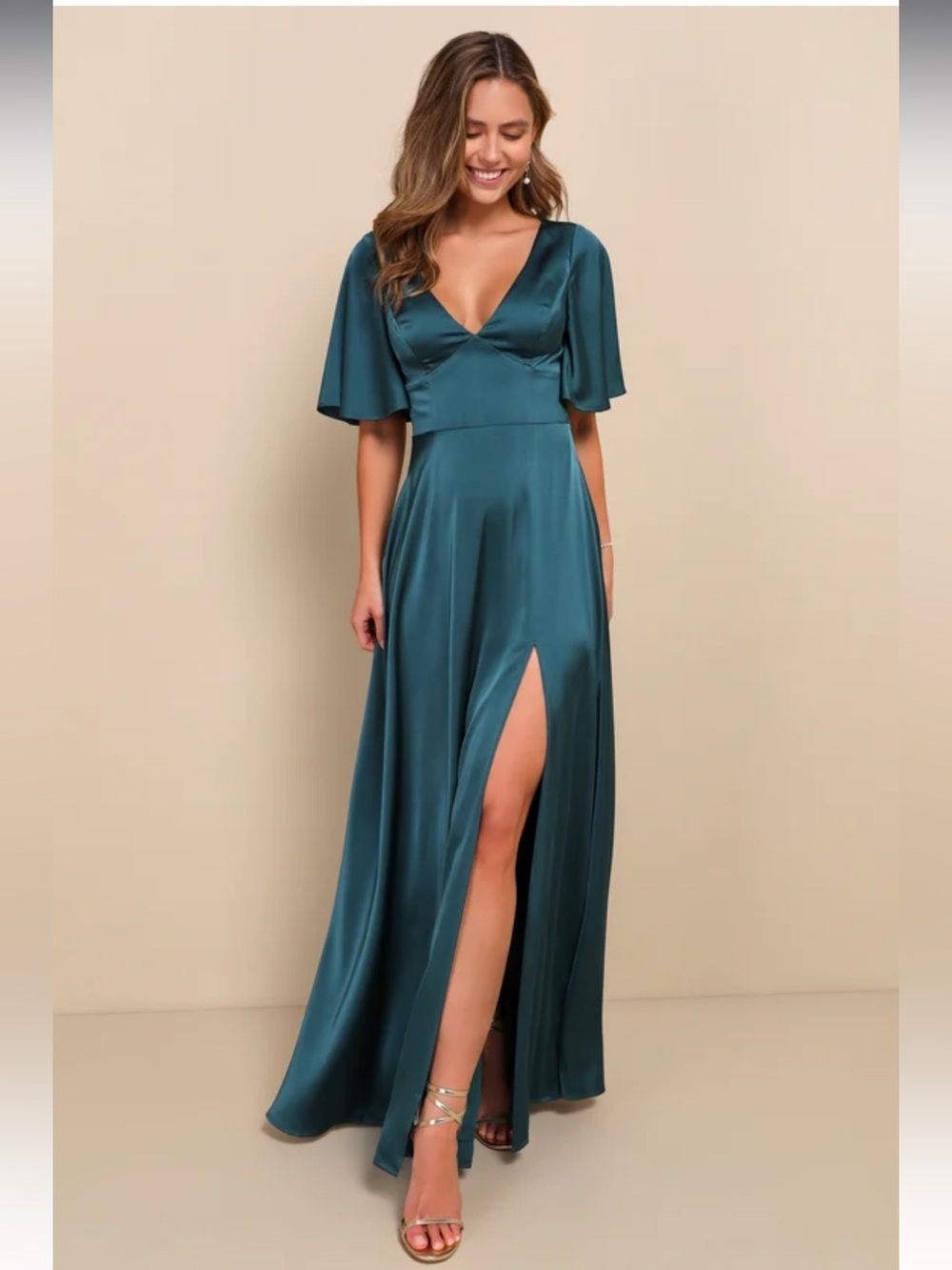 NWT lulus Elegant‎ Confidence Teal Satin Flutter Sleeve Cutout Maxi Dress XS